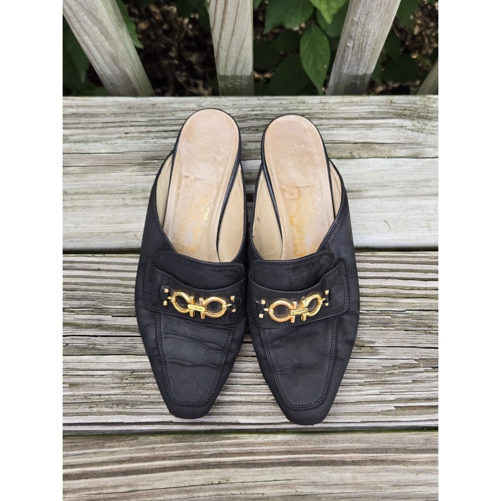 Salvatore Ferragamo Black Leather Gancini Mules Womens‎ 7 B DS 24143